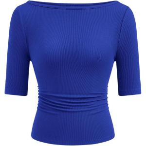 imagePRETTYGARDEN Womens Summer Short Sleeve Tops Boat Neck Ribbed Knit Slim Fit T Shirt Casual Basic Top 2026 Spring ClothesRoyal Blue