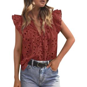 imagePRETTYGARDEN Womens Summer Tops 2026 Dressy Casual Ruffle Cap Sleeve Button V Neck Embroidered Eyelet Blouses ShirtsBrown Red