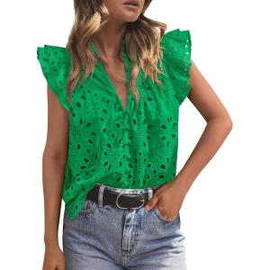 imagePRETTYGARDEN Womens Summer Tops 2026 Dressy Casual Ruffle Cap Sleeve Button V Neck Embroidered Eyelet Blouses ShirtsGreen