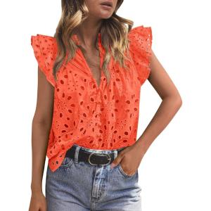 imagePRETTYGARDEN Womens Summer Tops 2026 Dressy Casual Ruffle Cap Sleeve Button V Neck Embroidered Eyelet Blouses ShirtsOrange