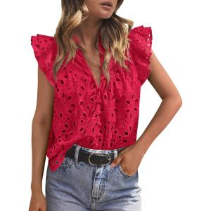 imagePRETTYGARDEN Womens Summer Tops 2026 Dressy Casual Ruffle Cap Sleeve Button V Neck Embroidered Eyelet Blouses ShirtsRed