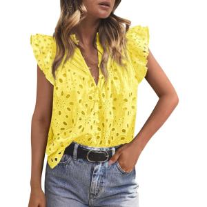 imagePRETTYGARDEN Womens Summer Tops 2026 Dressy Casual Ruffle Cap Sleeve Button V Neck Embroidered Eyelet Blouses ShirtsYellow