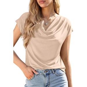 imagePRETTYGARDEN Womens Tops Dressy Casual Clothing 2026 Summer Cowl Neck Short Sleeve Blouses Spring Business Work Office ShirtsApricot