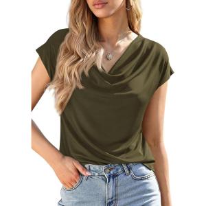 imagePRETTYGARDEN Womens Tops Dressy Casual Clothing 2026 Summer Cowl Neck Short Sleeve Blouses Spring Business Work Office ShirtsArmy Green