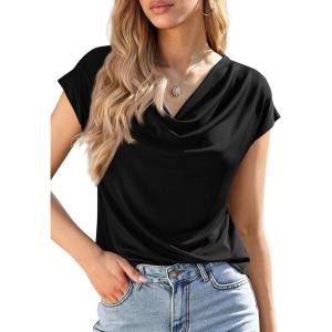 imagePRETTYGARDEN Womens Tops Dressy Casual Clothing 2026 Summer Cowl Neck Short Sleeve Blouses Spring Business Work Office ShirtsBlack