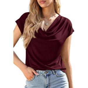 imagePRETTYGARDEN Womens Tops Dressy Casual Clothing 2026 Summer Cowl Neck Short Sleeve Blouses Spring Business Work Office ShirtsBurgundy