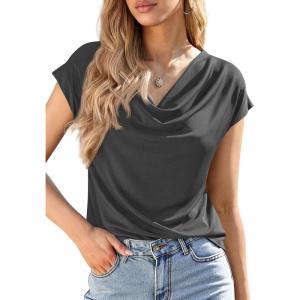 imagePRETTYGARDEN Womens Tops Dressy Casual Clothing 2026 Summer Cowl Neck Short Sleeve Blouses Spring Business Work Office ShirtsDark Grey