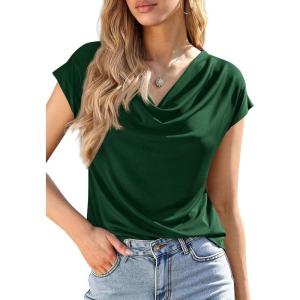 imagePRETTYGARDEN Womens Tops Dressy Casual Clothing 2026 Summer Cowl Neck Short Sleeve Blouses Spring Business Work Office ShirtsGreen