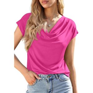 imagePRETTYGARDEN Womens Tops Dressy Casual Clothing 2026 Summer Cowl Neck Short Sleeve Blouses Spring Business Work Office ShirtsHot Pink