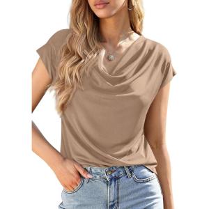 imagePRETTYGARDEN Womens Tops Dressy Casual Clothing 2026 Summer Cowl Neck Short Sleeve Blouses Spring Business Work Office ShirtsKhaki