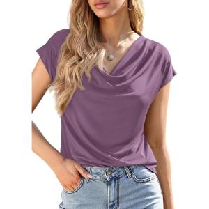 imagePRETTYGARDEN Womens Tops Dressy Casual Clothing 2026 Summer Cowl Neck Short Sleeve Blouses Spring Business Work Office ShirtsPurple