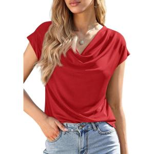 imagePRETTYGARDEN Womens Tops Dressy Casual Clothing 2026 Summer Cowl Neck Short Sleeve Blouses Spring Business Work Office ShirtsRed