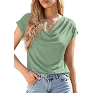 imagePRETTYGARDEN Womens Tops Dressy Casual Clothing 2026 Summer Cowl Neck Short Sleeve Blouses Spring Business Work Office ShirtsSage Green