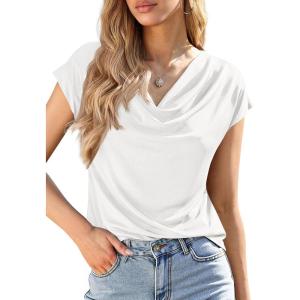 imagePRETTYGARDEN Womens Tops Dressy Casual Clothing 2026 Summer Cowl Neck Short Sleeve Blouses Spring Business Work Office ShirtsWhite