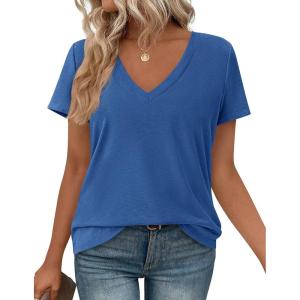 imagePRETTYGARDEN Womens Tops Short Sleeve Oversized Tshirts Shirts 2026 Summer Casual V Neck Loose Basic Tees Spring Tunic BlouseBlue