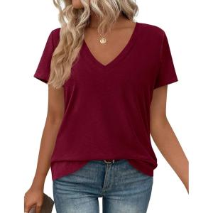 imagePRETTYGARDEN Womens Tops Short Sleeve Oversized Tshirts Shirts 2026 Summer Casual V Neck Loose Basic Tees Spring Tunic BlouseBurgundy