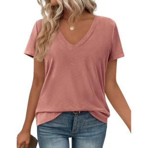 imagePRETTYGARDEN Womens Tops Short Sleeve Oversized Tshirts Shirts 2026 Summer Casual V Neck Loose Basic Tees Spring Tunic BlouseCoral Pink