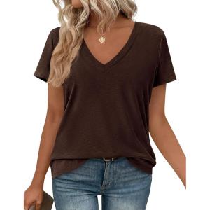 imagePRETTYGARDEN Womens Tops Short Sleeve Oversized Tshirts Shirts 2026 Summer Casual V Neck Loose Basic Tees Spring Tunic BlouseDark Brown