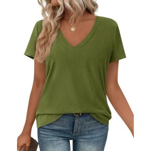 imagePRETTYGARDEN Womens Tops Short Sleeve Oversized Tshirts Shirts 2026 Summer Casual V Neck Loose Basic Tees Spring Tunic BlouseGreen