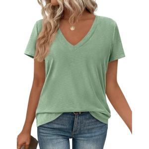 imagePRETTYGARDEN Womens Tops Short Sleeve Oversized Tshirts Shirts 2026 Summer Casual V Neck Loose Basic Tees Spring Tunic BlouseLight Green