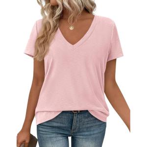 imagePRETTYGARDEN Womens Tops Short Sleeve Oversized Tshirts Shirts 2026 Summer Casual V Neck Loose Basic Tees Spring Tunic BlousePink