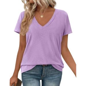 imagePRETTYGARDEN Womens Tops Short Sleeve Oversized Tshirts Shirts 2026 Summer Casual V Neck Loose Basic Tees Spring Tunic BlousePurple