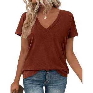 imagePRETTYGARDEN Womens Tops Short Sleeve Oversized Tshirts Shirts 2026 Summer Casual V Neck Loose Basic Tees Spring Tunic BlouseRust Red
