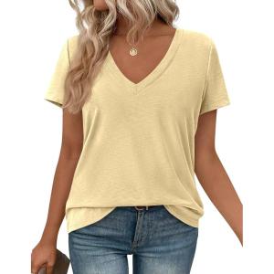 imagePRETTYGARDEN Womens Tops Short Sleeve Oversized Tshirts Shirts 2026 Summer Casual V Neck Loose Basic Tees Spring Tunic BlouseYellow