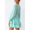 imagePRETTYGARDEN Womens Short ALine Flare Dress Knot Front Long Sleeve V Neck Tiered Ruffle Swing Mini Skater Dresses Light GreenLarge
