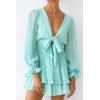 imagePRETTYGARDEN Womens Short ALine Flare Dress Knot Front Long Sleeve V Neck Tiered Ruffle Swing Mini Skater Dresses Light GreenLarge