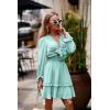 imagePRETTYGARDEN Womens Short ALine Flare Dress Knot Front Long Sleeve V Neck Tiered Ruffle Swing Mini Skater Dresses Light GreenLarge