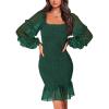 imagePRETTYGARDEN Womens 2024 Fall Smocked Bodycon Mini Dress Long Sleeve Square Neck Swiss Dot Ruffle Mermaid Elegant Dresses