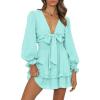 imagePRETTYGARDEN Womens Short ALine Flare Dress Knot Front Long Sleeve V Neck Tiered Ruffle Swing Mini Skater Dresses Light GreenLarge