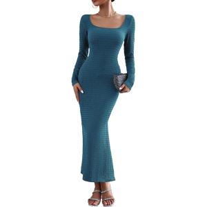 imagePRETTYGARDEN Womens 2024 Fall Maxi Bodycon Dress Long Sleeve Square Neck Long Fitted Mermaid Dresses