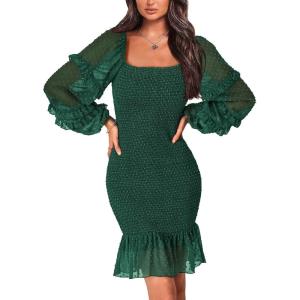 imagePRETTYGARDEN Womens 2024 Fall Smocked Bodycon Mini Dress Long Sleeve Square Neck Swiss Dot Ruffle Mermaid Elegant Dresses