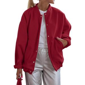 imagePRETTYGARDEN Womens 2024 Fall Varsity Bomber Jackets Casual Baseball Collar Button Down Coats Outerwear RedMedium