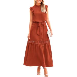 imagePRETTYGARDEN Womens Boho Maxi Dress Summer Sleeveless Belted Ruffled Swing A Line Party Dresses Brick RedMedium