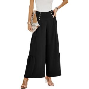 imagePRETTYGARDEN Womens Casual Long Palazzo Pants Elastic High Waist Wide Leg Loose Lounge Trousers BlackMedium
