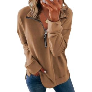 imagePRETTYGARDEN Womens Causal 14 Zip Pullover Long Sleeve Collar Sweatshirts Solid Activewear Running JacketKhaki