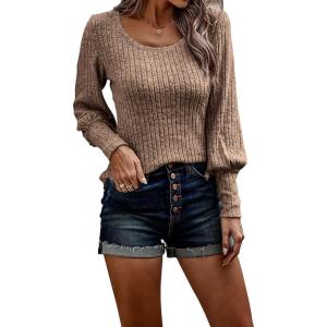 imagePRETTYGARDEN Womens Pullover Sweaters Long Lantern Sleeve Casual Crew Neck Ribbed Knit Jumper Blouse Tops