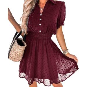 imagePRETTYGARDEN Womens Summer Dress Casual V Neck Short Sleeve Swiss Dots Elastic Waist Aline Flowy Mini Dresses