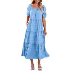 imagePRETTYGARDEN Womens Summer Maxi Dress Short Sleeve Square Neck Ruffle Tiered Flowy Casual Boho Long Dresses with Pockets