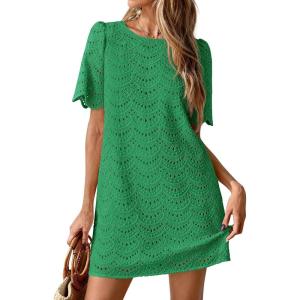 imagePRETTYGARDEN Womens 2026 Summer Casual Short Dresses Embroidered Lace Short Sleeve Boho Mini Dress Beach Vacation ClothesDark Green