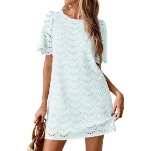 imagePRETTYGARDEN Womens 2026 Summer Casual Short Dresses Embroidered Lace Short Sleeve Boho Mini Dress Beach Vacation ClothesLight Blue