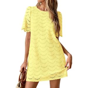 imagePRETTYGARDEN Womens 2026 Summer Casual Short Dresses Embroidered Lace Short Sleeve Boho Mini Dress Beach Vacation ClothesYellow
