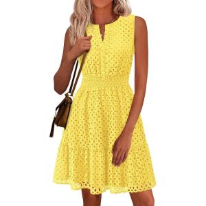 imagePRETTYGARDEN Womens Summer Dresses 2026 Sleeveless V Neck Eyelet Hollow Out Swing A Line Beach Vacation Sun DressYellow