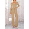 imagePRETTYGARDEN Two Piece Sets For Women Long Sleeve V Neck Crop Tops Flare Pants Lounge Set Casual Outfits KhakiMedium