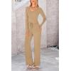 imagePRETTYGARDEN Two Piece Sets For Women Long Sleeve V Neck Crop Tops Flare Pants Lounge Set Casual Outfits KhakiMedium