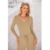 imagePRETTYGARDEN Two Piece Sets For Women Long Sleeve V Neck Crop Tops Flare Pants Lounge Set Casual Outfits KhakiMedium