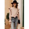 imagePRETTYGARDEN Womens 2023 Spring Clothes Ruffle Trim Shirts Long Sleeve Round Neck Casual Plain Tops Blouse ApricotMedium